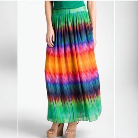 Vince Camuto Mirror Rainbow Chiffon Maxi Skirt Colorful Boho Hippie Sz 2 - Picture 1 of 7